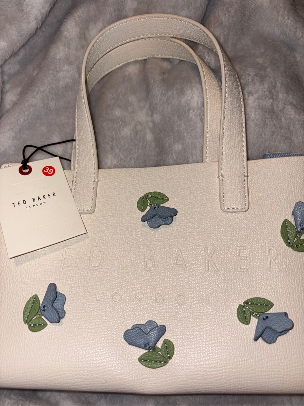 NWT Ted Baker Cream Tote with Blue Floral Appliqués